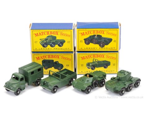 Matchbox Regular Wheels group of Military vehicles.  (1) 12b Land Rover with 45-tread black plastic wheels; (2) 61a Ferret Sc