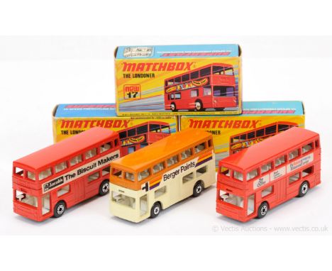 Matchbox Superfast 3 x 17b Daimler Fleetline Londoner Bus (1) "Berger Paints" - cream lower deck &amp; tan upper deck, labels