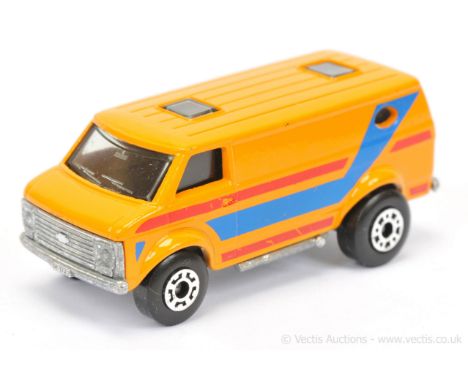 Matchbox Superfast 68c Chevrolet Van - light orange body with blue &amp; red tampo print, windows have pale smoke grey tint (