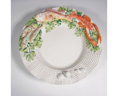 A stunning Italian Majolica faience seafood platter by Carraro, marked "Made in Italy." This hand-painted ceramic piece featu