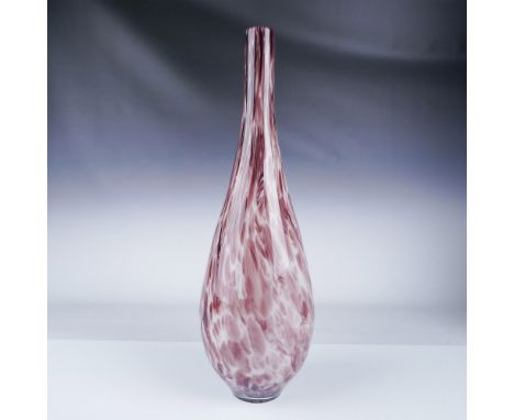 This striking art glass vase features a tall, teardrop shape with a mesmerizing speckled pattern of rich burgundy and white h