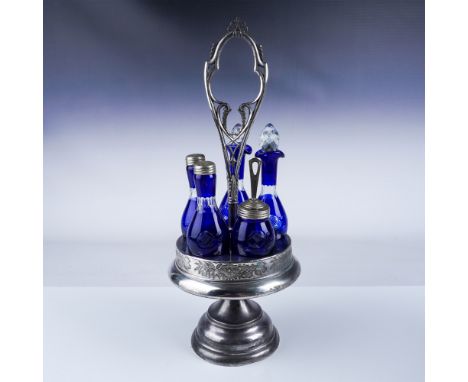 Antique Simpson Hall Miller &amp; Co. quadruple plate condiment set featuring vibrant cobalt blue glass inserts, circa late 1