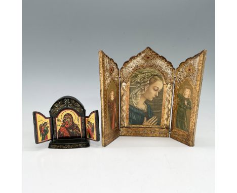 This lot features two exquisite religious triptych pieces. The larger triptych stands at 7"H and showcases a finely detailed 