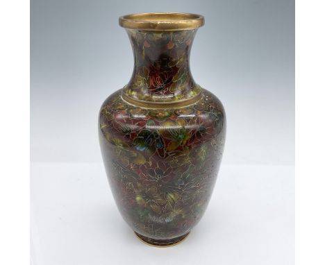 Elegant cloisonne vase with a rich floral motif in vivid enamel hues of red, green, and gold on a deep burgundy background. T