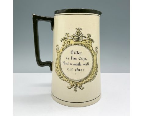 Royal Doulton pitcher featuring two decorative panels with gilded scrollwork frames and inscriptions: "Be always as merry as 