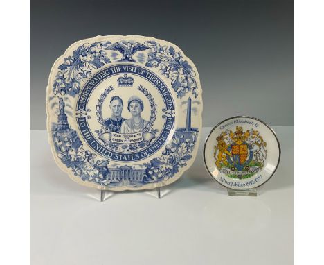 This set includes two ceramic commemorative plates. The first plate, crafted by John Maddock &amp; Sons in their Royal Ivory 