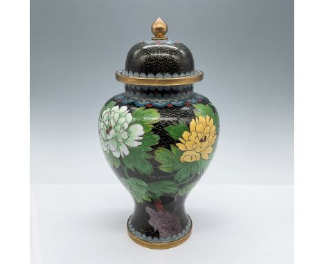 Beautiful cloisonne lidded urn featuring intricate hand-applied enamel detailing with vibrant colors and delicate floral patt