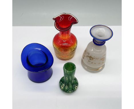 A collection of three art glass miniature vases, showcasing a variety of designs, colors, and techniques. The lot includes: a