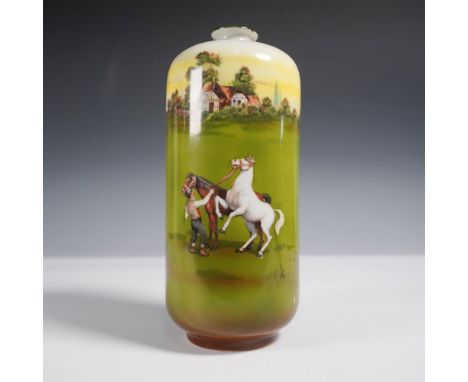 A finely crafted Royal Bayreuth Bavaria porcelain vase featuring a hand-painted pastoral scene. The artwork depicts a horse h