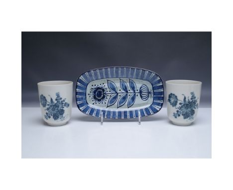 A mixed set of Danish porcelain and faience featuring two Royal Copenhagen blue and white floral tumblers (4"H) and an Alumin