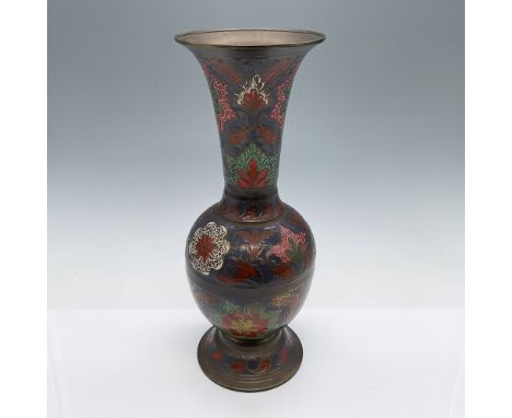 This exquisite 10.5"H vase showcases the champleve enameling technique, characterized by raised metal designs filled with vib