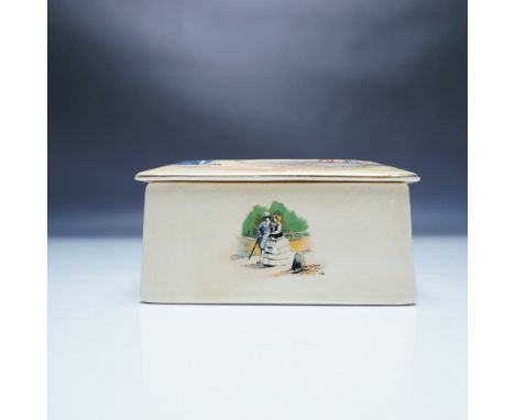 A charming Royal Winton Ye Olde Innes ceramic lidded trinket box featuring a beautifully detailed hand-painted village scene 