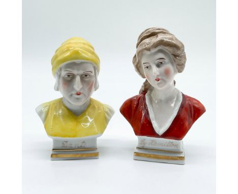 A charming pair of hand-painted Sitzendorf porcelain bust figurines depicting Dante and Lady Hamilton. Each bust features vib