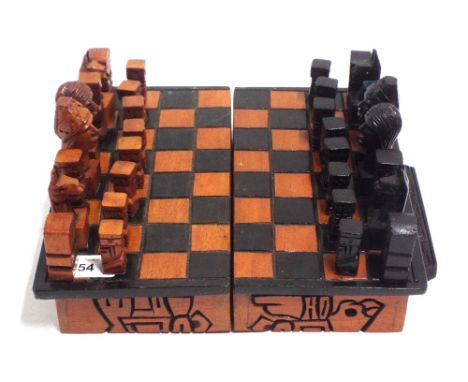 Wooden chessboard and pieces, folding chessboard with internal storage compartment for pieces which are based on Myan charact