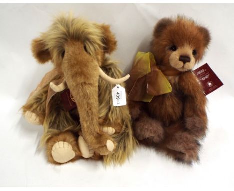 Two Charlie bears, Tusk, CB2353360 and plush collection Tilly CB212125A with tags and original cream Charlie bears bag