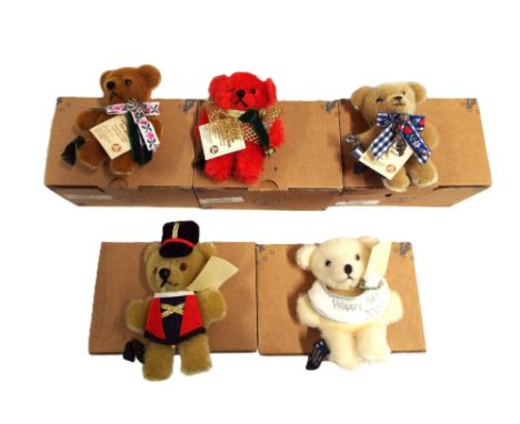 Five Hermann pin bear brooches with original boxes, Christmas, Octoberfest and Millenium