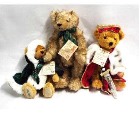 Three Hermann bears, 1899-1999 Centenary Bear No 82, Winter Wonderland Bear No. 72 and King Arthur Bear with his sword Excali