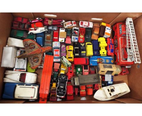 Box of mixed play worn diecast tinplate vehicles, including tinplate battery operated Japanese fire engine makers mark S.H.
