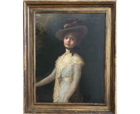 19th Century English School. Oil on canvas. “Portrait of a Woman With a Straw Hat”.Measures 42cm x 55cm.Condition report - Ve