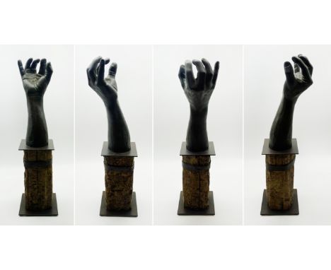 BRONZE HAND SCULPTURE BY LORENZO QUINN - SIGNED 60CM TALL MINOR FAULT ON THE CUBE