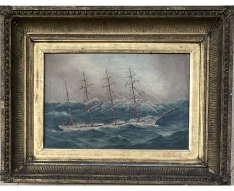 T G Purvis (1861-1933). British. Oil on canvas. “Portrait of a Four Masked Ship” Signed.Measures 31cm x 46cm.Condition report