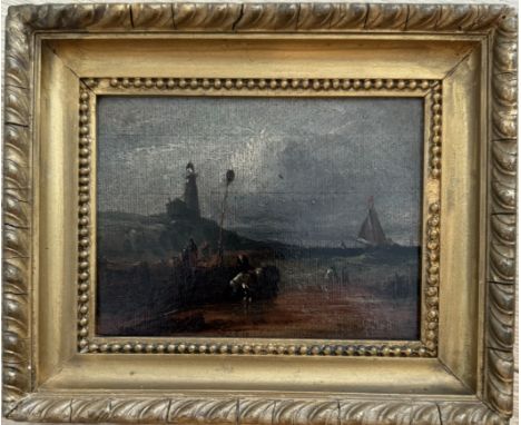 Attributed to John Constable (1776-1837). British. Oil on paper laid. “Fisherfolk on the Shore ”.Measures 11cm x 15cm.Conditi