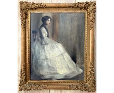 Circle of James Abbott McNeill Whistler (1834-1903). American. “Portrait of a Young Woman in a White Dress”. Signed.Measures 