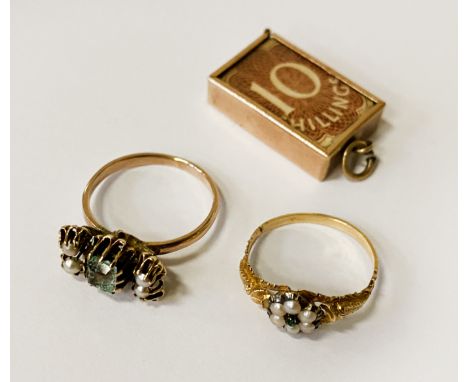 2 VINTAGE GOLD RINGS &amp; A 10 SHILLING PENDANT