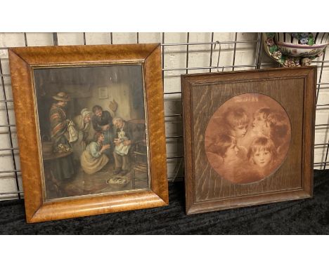 WALNUT VENEERED FRAMED PRINT OF FAMILY INTERIOR SCENE &amp; ANOTHER PRINT