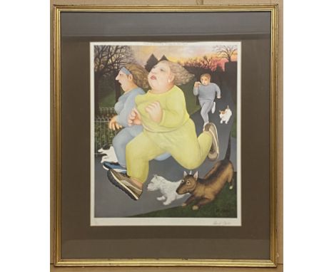 BERYL COOK JOGGERS ON PLYMOUTH HOE&nbsp; GALLERY STAMPED PRINT FRAMED &amp; SIGNED 55CM X 65CM OUTER FRAME&nbsp;