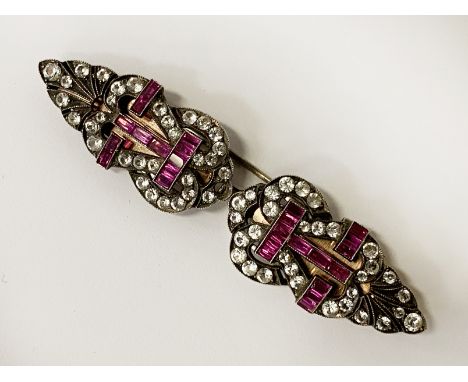 VINTAGE ART DECO GOLD &amp; SILVER, RUBY &amp; WHITE SAPPHIRE BROOCH