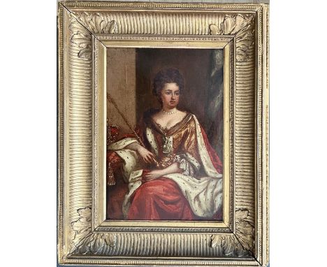 School of Godfrey Kneller (1646-1723). Oil on oak panel. “Portrait of Queen Anne”.Measures 23cm x 33cm.Condition report – Som