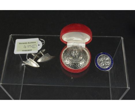 A Chinese electroplated brooch plus a silver and enamelled nurses brooch for St Mary's Hospitals, Manchester, Maternity Branc