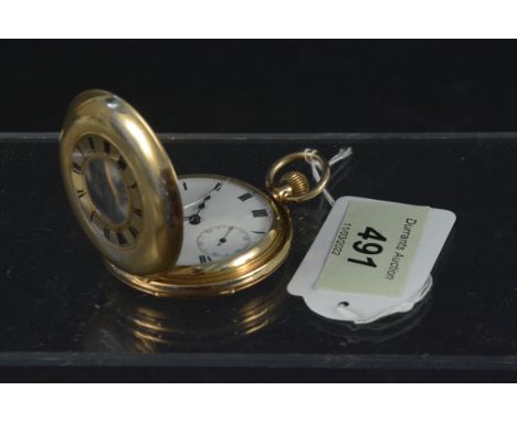 An early 20th Century 12 carat gold half hunter keyless pocket watch, unsigned, the frosted gilt and jewelled lever movement 