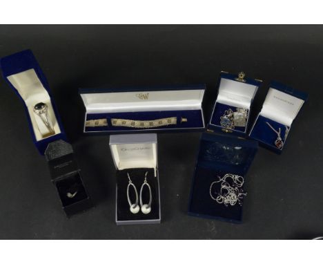 A collection of silver and white metal jewellery including stone set necklaces, bangle, ring, bracelet and drop earrings