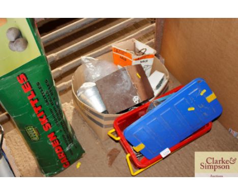 Two boxes containing various tools, golf balls etc.