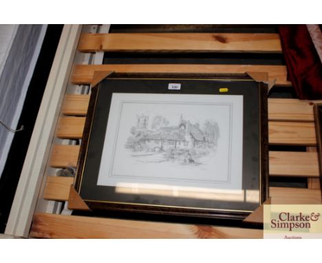 Brenda Ray, pencil sketch depicting a cottage and a church