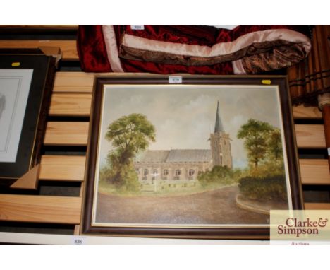 K Curtis, oil on board depicting a church 