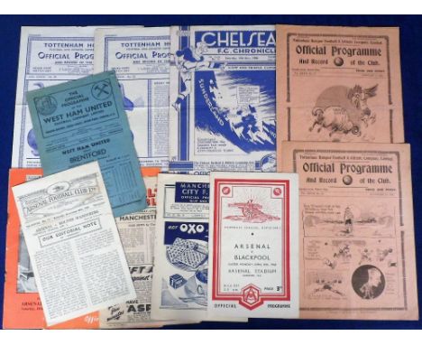 Football programmes, 11 1930/40's programmes inc. Tottenham v Sheffield Weds 1934/35, Tottenham v Derby 1934/35, Chelsea v Su