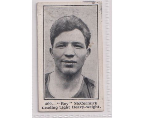 Trade card, Bunsen, Famous Figures Series, Boxing, type card, no 409, 'Boy' McCormick, Leading Light Heavyweight (slight stai