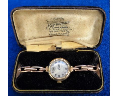 Ladies Gold Watch, Bravington's 9ct watch, engine turned face, Roman numerals and seconds dial with 9ct gold expanding bracel
