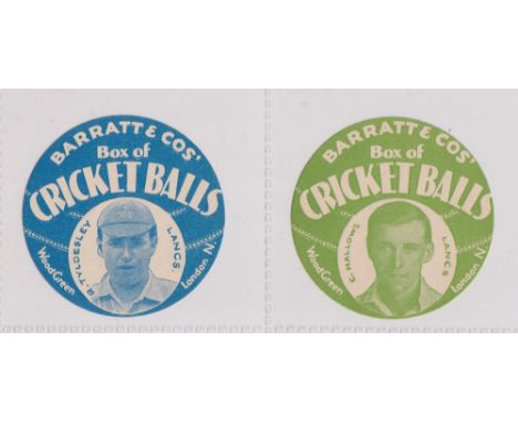 Trade cards, Barratt's, Cricketers (Cricket Balls), circular, two cards, R. Tyldesley, Lancs (blue) &amp; C. Hallows Kent (gr