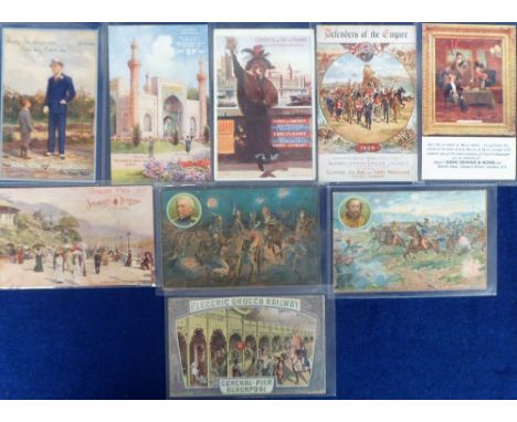 Postcards, Advertising, a collection of 9 cards inc. Smokeless Diamond Powder Grand Prix 1907, White Rose Serges De Luxe suit