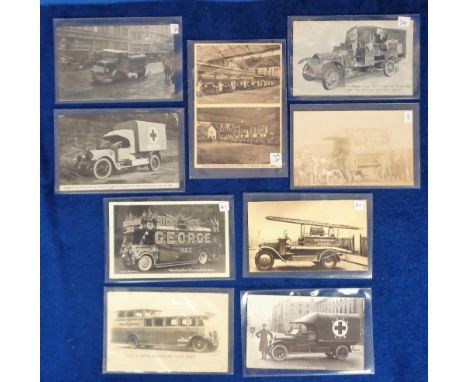 Postcards, Transport, a motoring selection of 9 cards, RP's of Decorated Jubilee Bus (1935) Manchester, RAOB Second Motor Amb