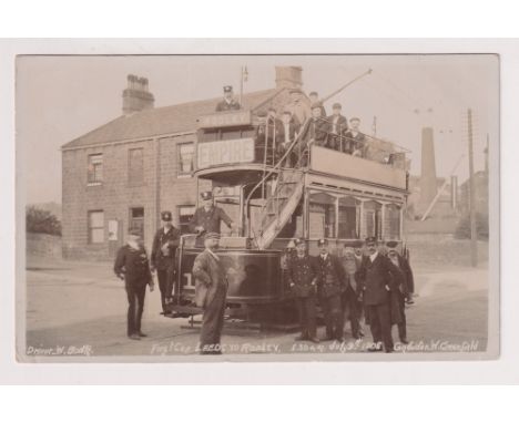 Postcard, Yorkshire, RP, First Tram Leeds to Rodley, 5.30am 9th July 1906, ‘Conductor W. Greenfield Driver W. Bodtz, by Photo