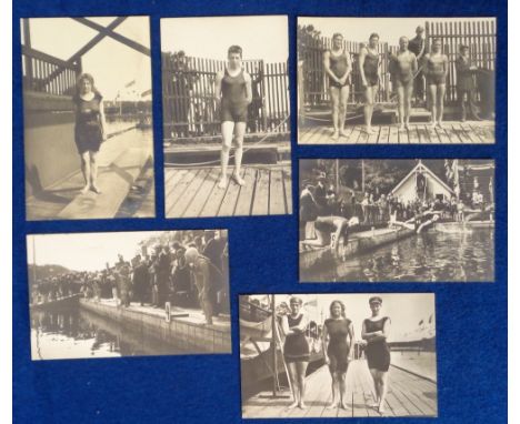 Postcards, Olympics, Stockholm 1912, 6 Official RP cards, all Swimming, the start 100m Ladies no 104, Australia Team 800m Gol