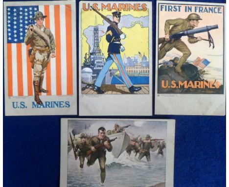 Postcards, USA Marine Recruiting Posters, four artist drawn cards, marching sergeant, by Stockinger, (corner crease and acm, 