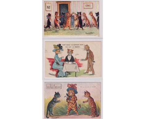 Postcards, Louis Wain, a Louis Wain illustrated selection of 3 cards of anthropomorphic cats inc. Silk Department 'What can w