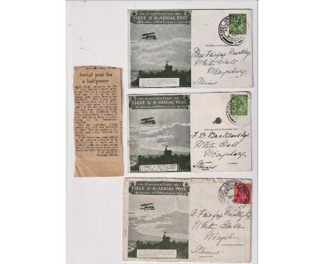 Stamps, GB KEVII(1) &amp; KGV(3) 1911 First Aerial post covers together with a vintage newspaper cutting