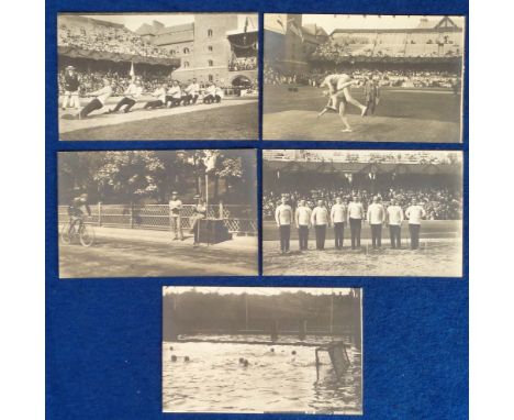 Postcards, Olympics, Stockholm 1912, 5 Official RP cards, Water-polo No. 138, Sweden Tug of War Gold Medal Winners nos 109 &a